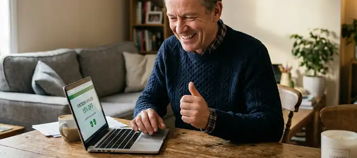 celebrating man looking at a laptop screen