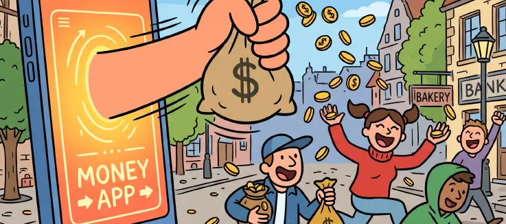 Illustration of hand emerging from a mobile phone with bag of money; people runing off with coins