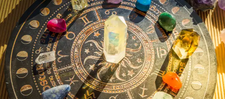 gemstones organized on an astrological chart