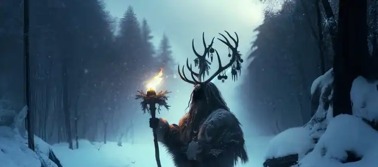 shamanic figure near a winter forest scene