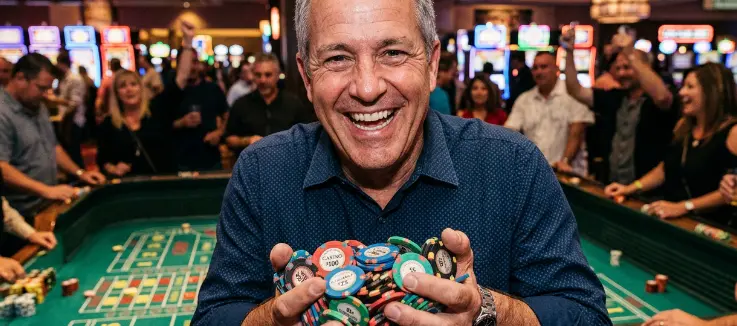 happy man holding handful of casino coins